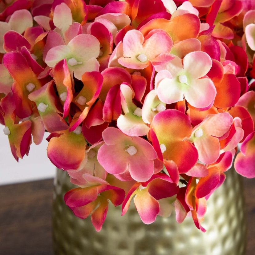 11in. Artificial Hydrangea Arrangement in Gold Metal Vase