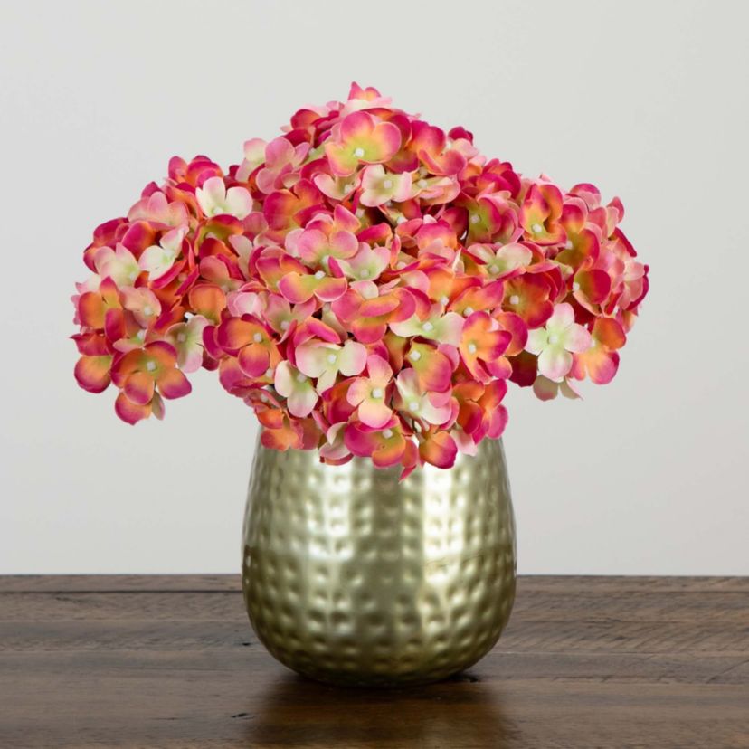 11in. Artificial Hydrangea Arrangement in Gold Metal Vase