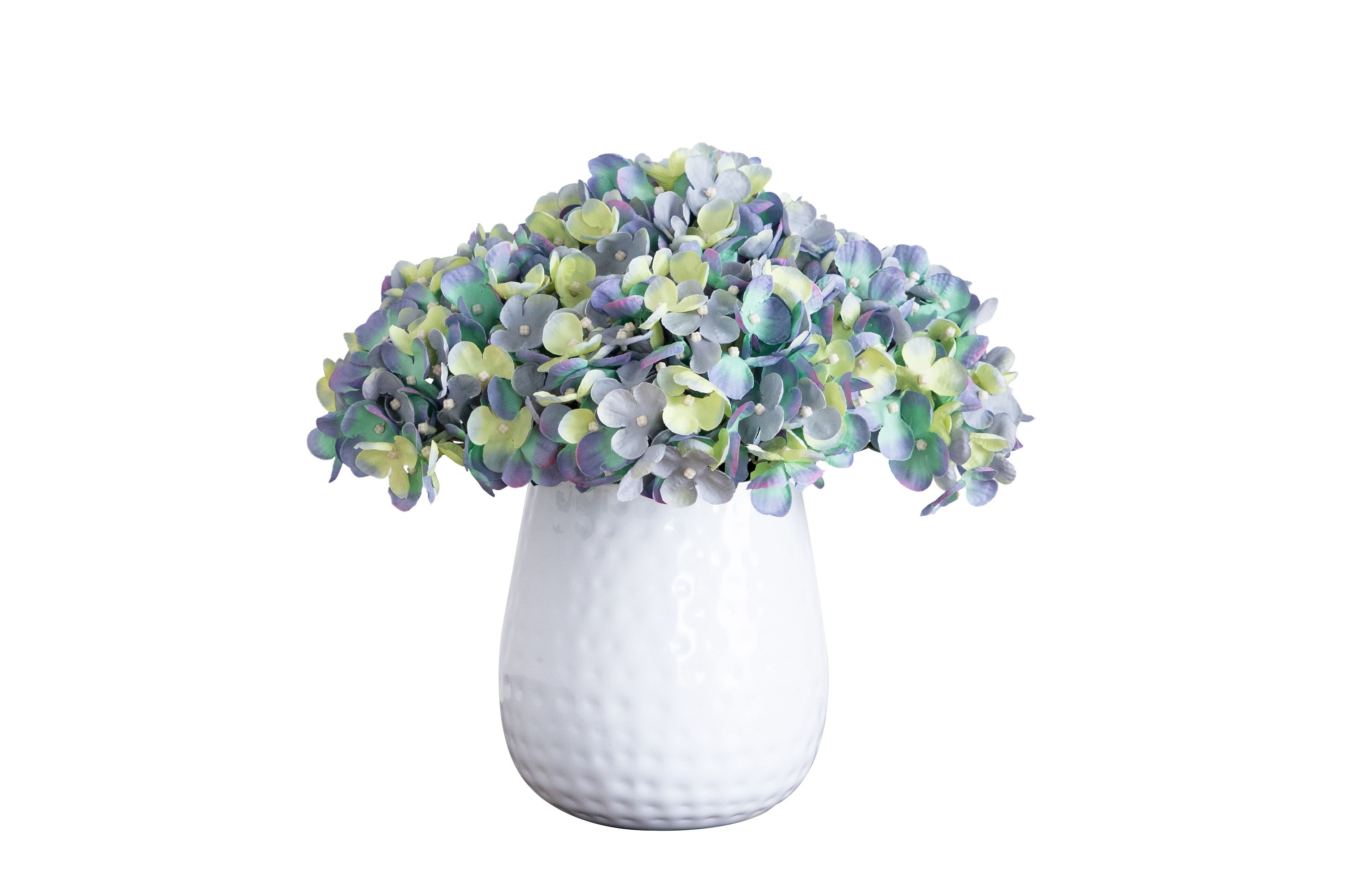 11in. Artificial Hydrangea Arrangement in White Metal Vase