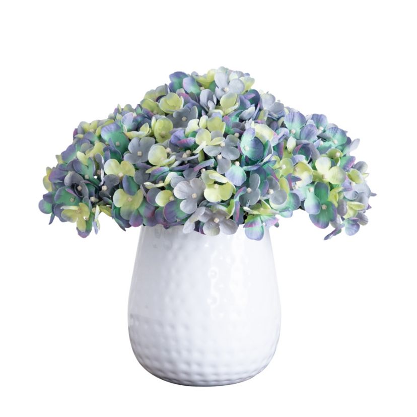 11in. Artificial Hydrangea Arrangement in White Metal Vase
