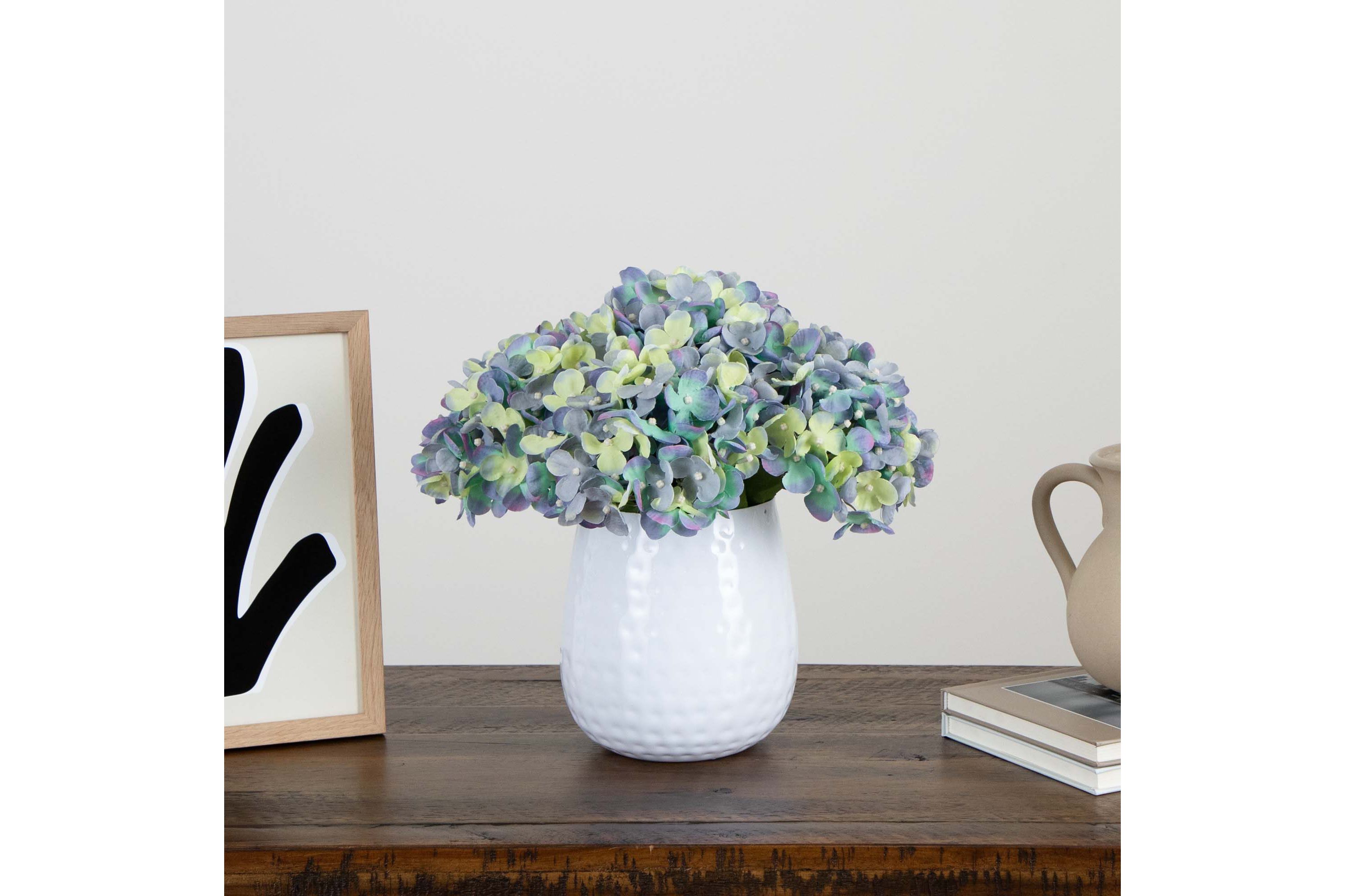 11in. Artificial Hydrangea Arrangement in White Metal Vase