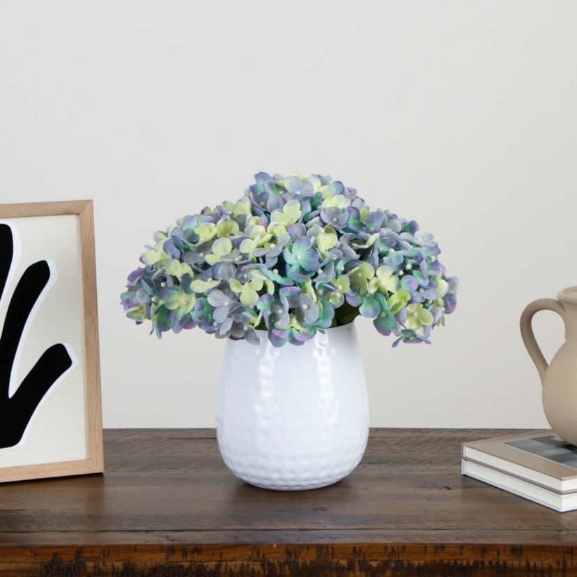 11in. Artificial Hydrangea Arrangement in White Metal Vase