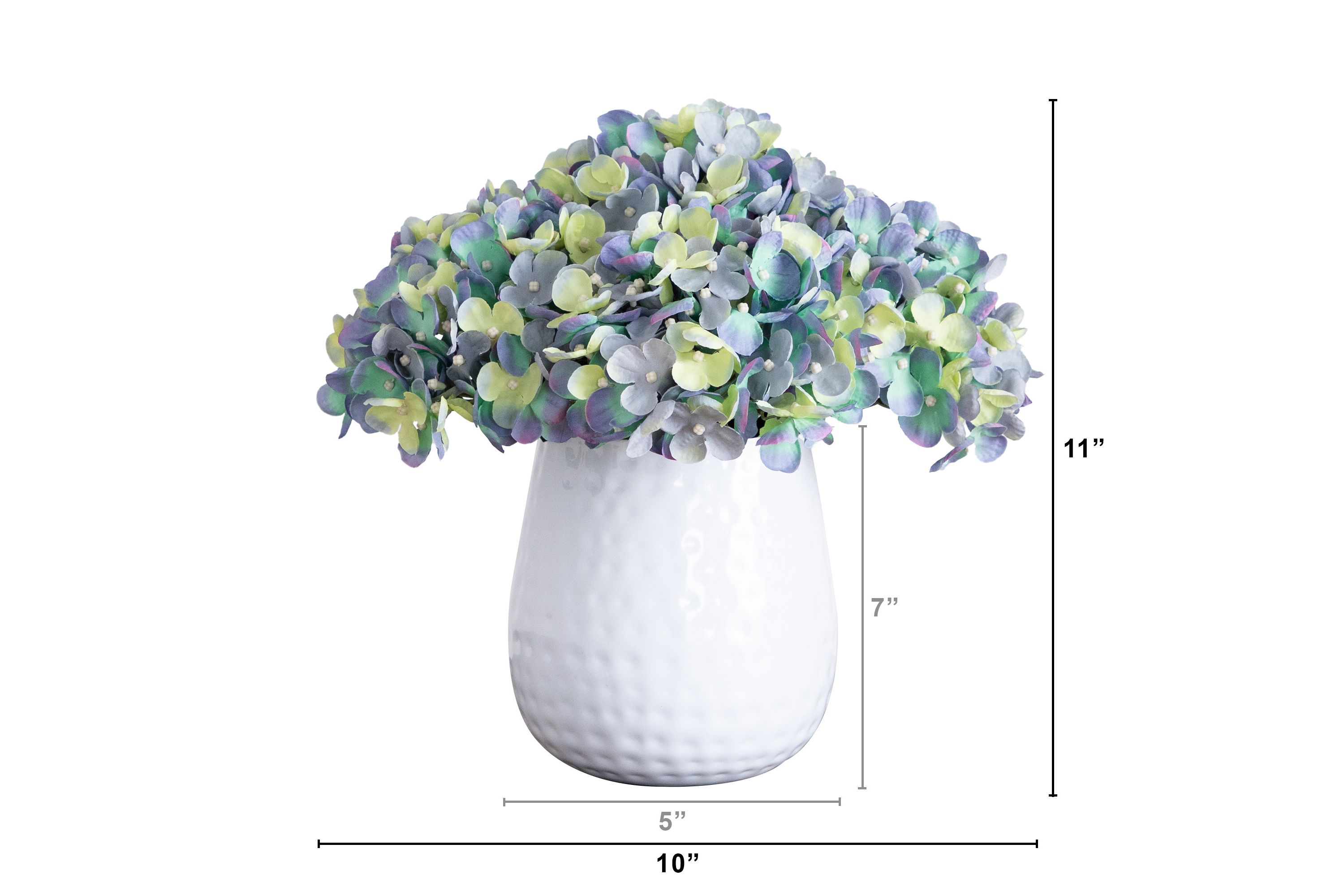 11in. Artificial Hydrangea Arrangement in White Metal Vase