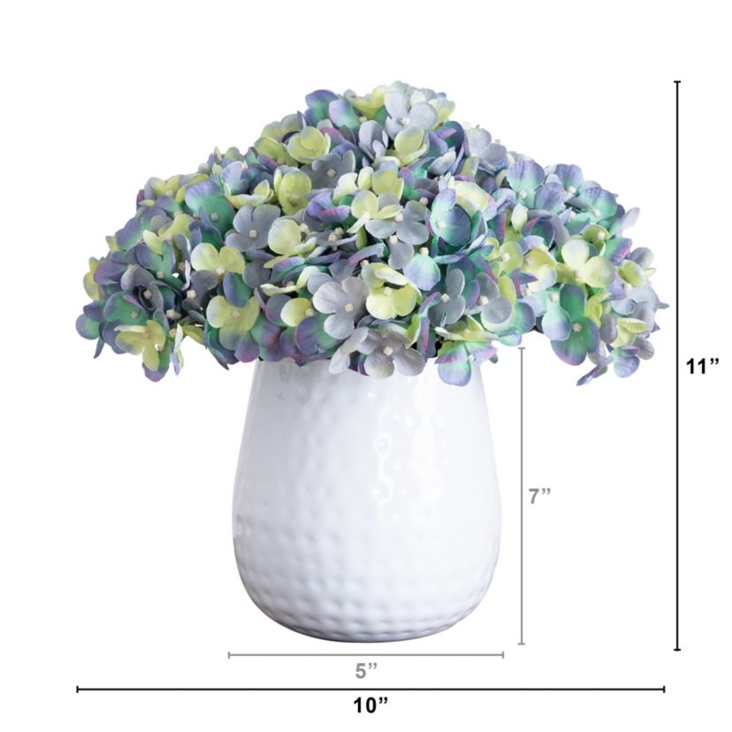 11in. Artificial Hydrangea Arrangement in White Metal Vase