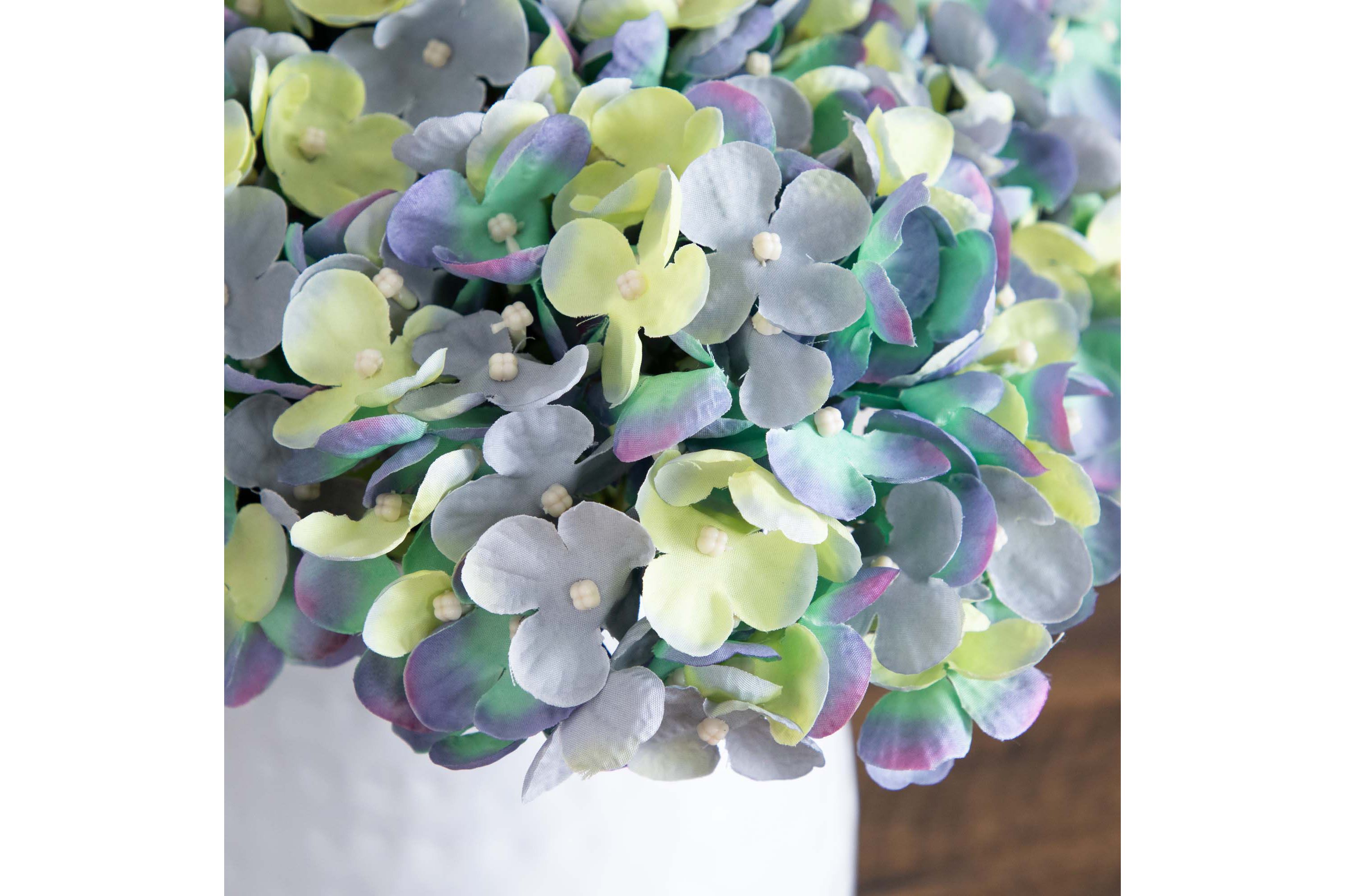 11in. Artificial Hydrangea Arrangement in White Metal Vase