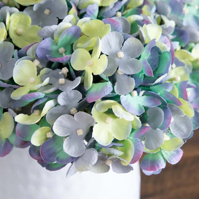 11in. Artificial Hydrangea Arrangement in White Metal Vase