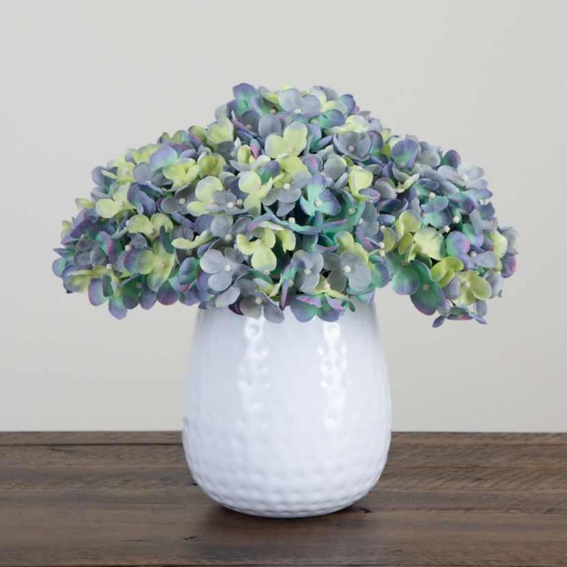 11in. Artificial Hydrangea Arrangement in White Metal Vase