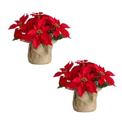 Nearly Natural 13-Inch Artificial Poinsettia Arrangement in Burlap Planter - Set of 2, Red