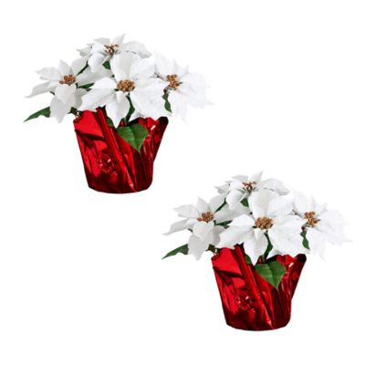 Nearly Natural 13-Inch Artificial Poinsettia Arrangement in Red Wrapped Planter - Set of 2, White