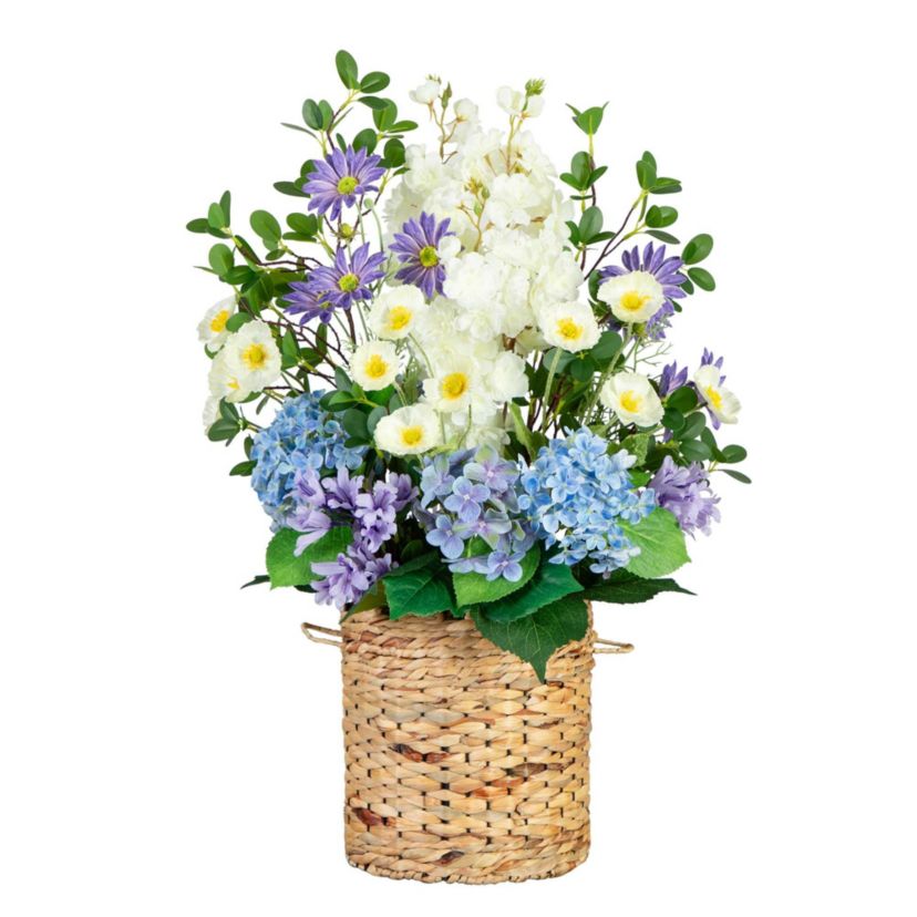 31-Inch Artificial Mixed Flower and Hydrangea Arrangement in Hyacinth Weave Basket
