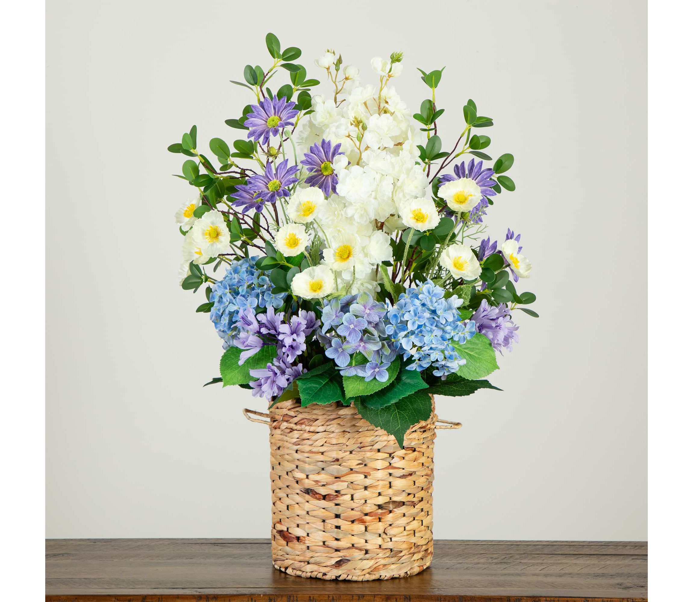 31-Inch Artificial Mixed Flower and Hydrangea Arrangement in Hyacinth Weave Basket