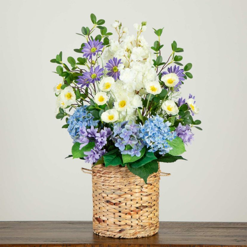 31-Inch Artificial Mixed Flower and Hydrangea Arrangement in Hyacinth Weave Basket