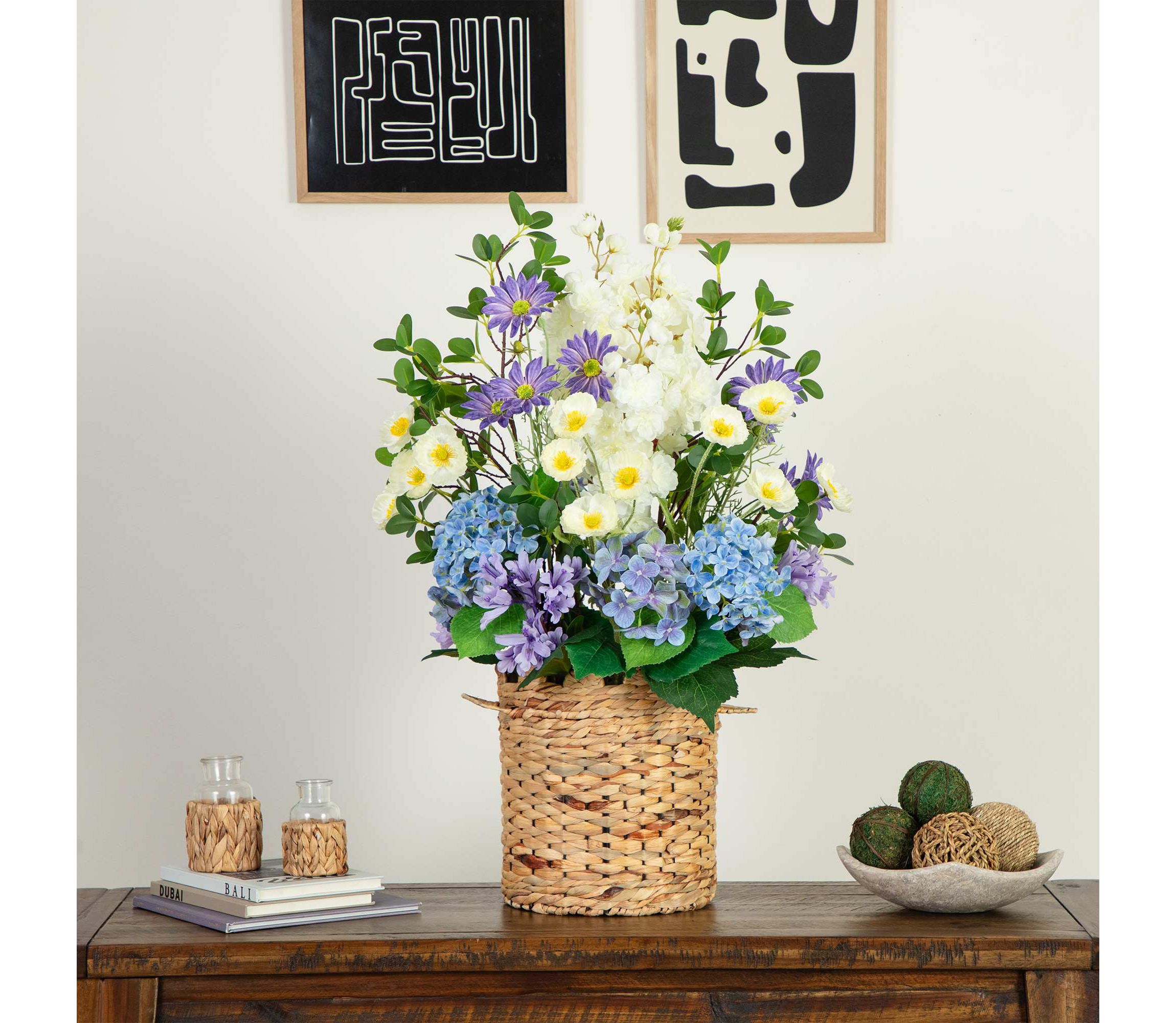 31-Inch Artificial Mixed Flower and Hydrangea Arrangement in Hyacinth Weave Basket