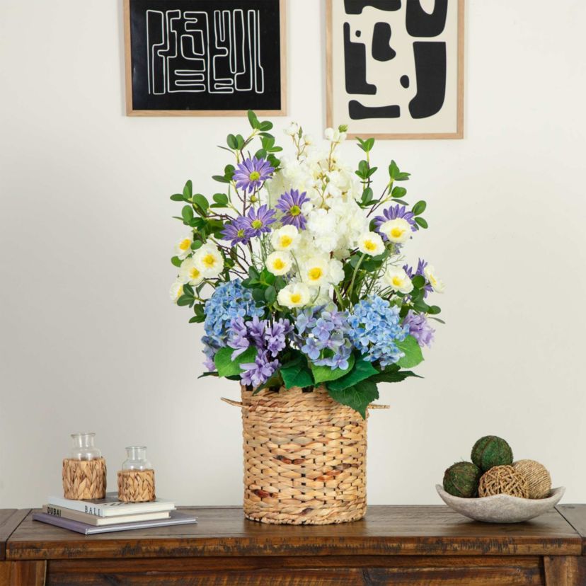 31-Inch Artificial Mixed Flower and Hydrangea Arrangement in Hyacinth Weave Basket