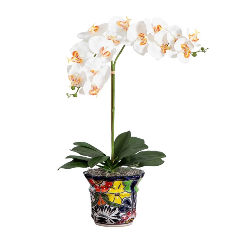 26-Inch  Artificial Double Orchid Arrangement in Handmade Mexican Talavera Ceramic Planter