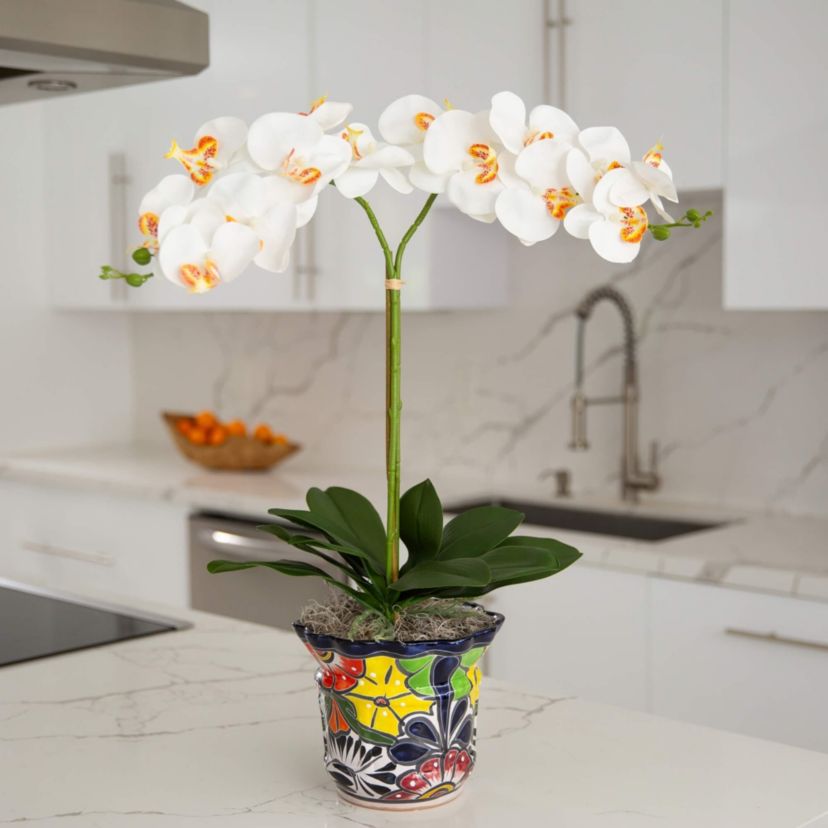 26-Inch  Artificial Double Orchid Arrangement in Handmade Mexican Talavera Ceramic Planter