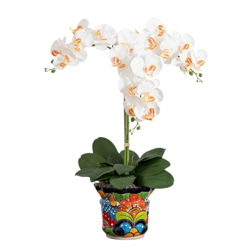27-Inch  Artificial Triple Orchid Arrangement in Handmade Mexican Talavera Ceramic Planter