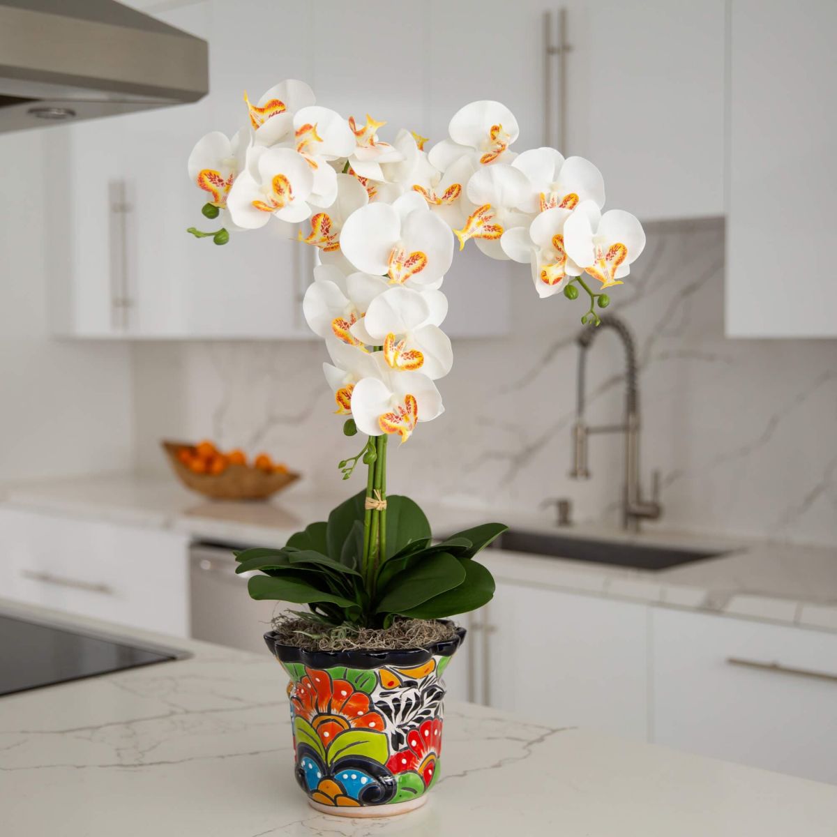 27-Inch  Artificial Triple Orchid Arrangement in Handmade Mexican Talavera Ceramic Planter