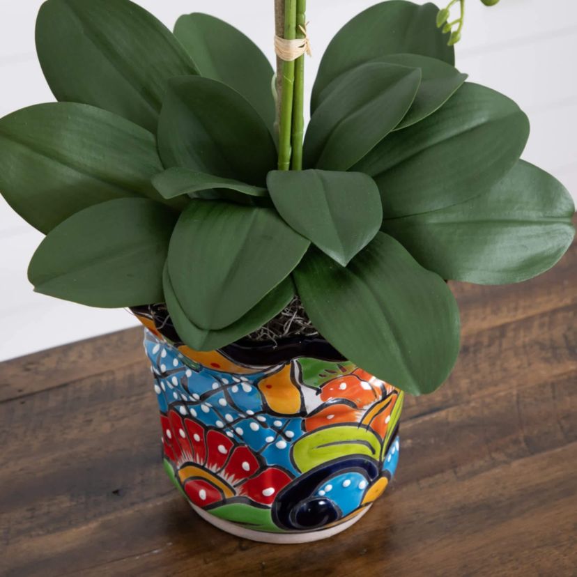 27-Inch  Artificial Triple Orchid Arrangement in Handmade Mexican Talavera Ceramic Planter