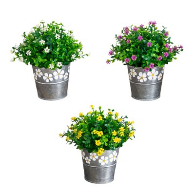 Nearly Natural 7-Inch Artificial Flowering Mini Daisy Plant in Decorative Daisy Tin Planter - Set of 3