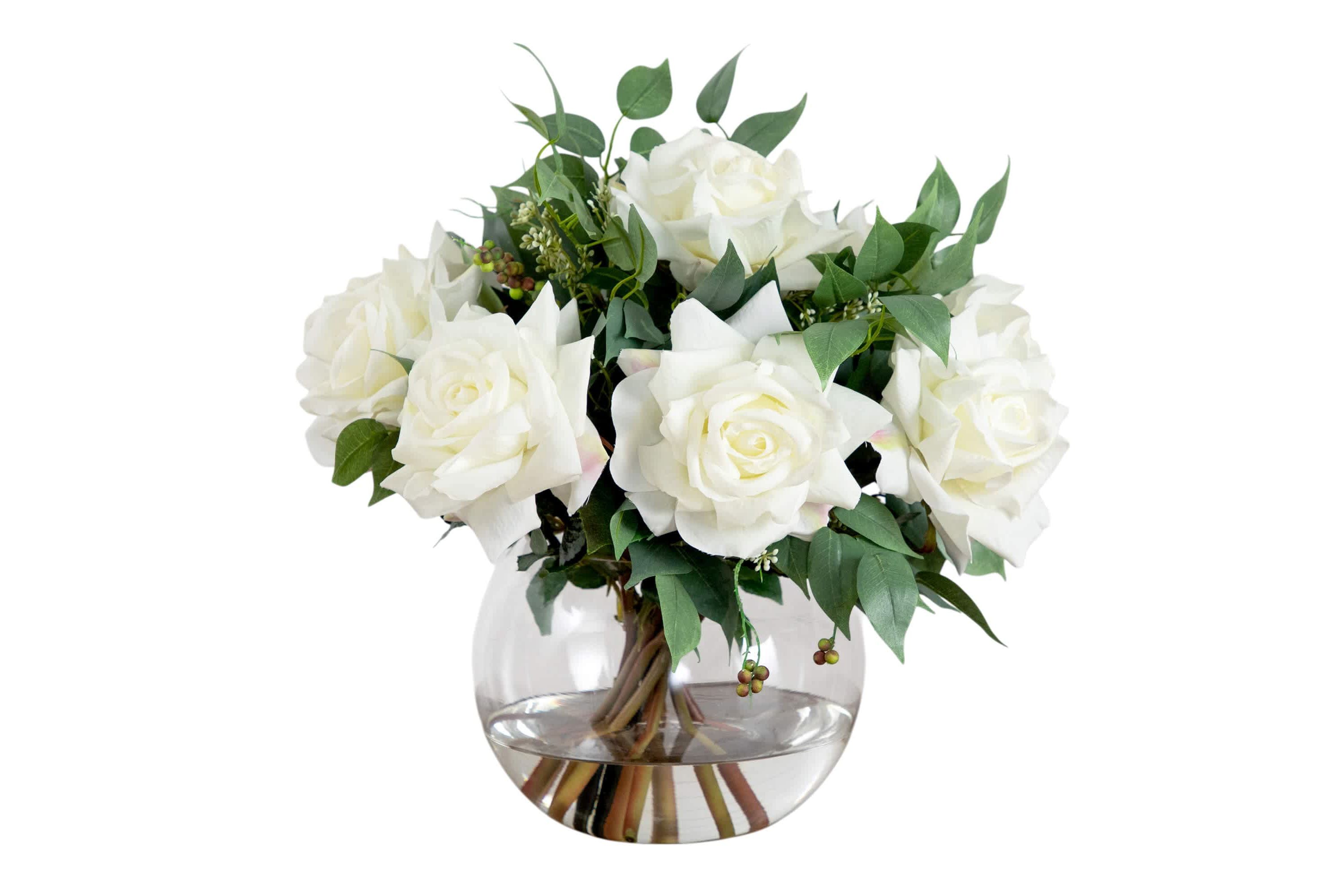 Wedding Collection 16-Inch Artificial Roses and Mixed Greens Arrangement in Glass Vase