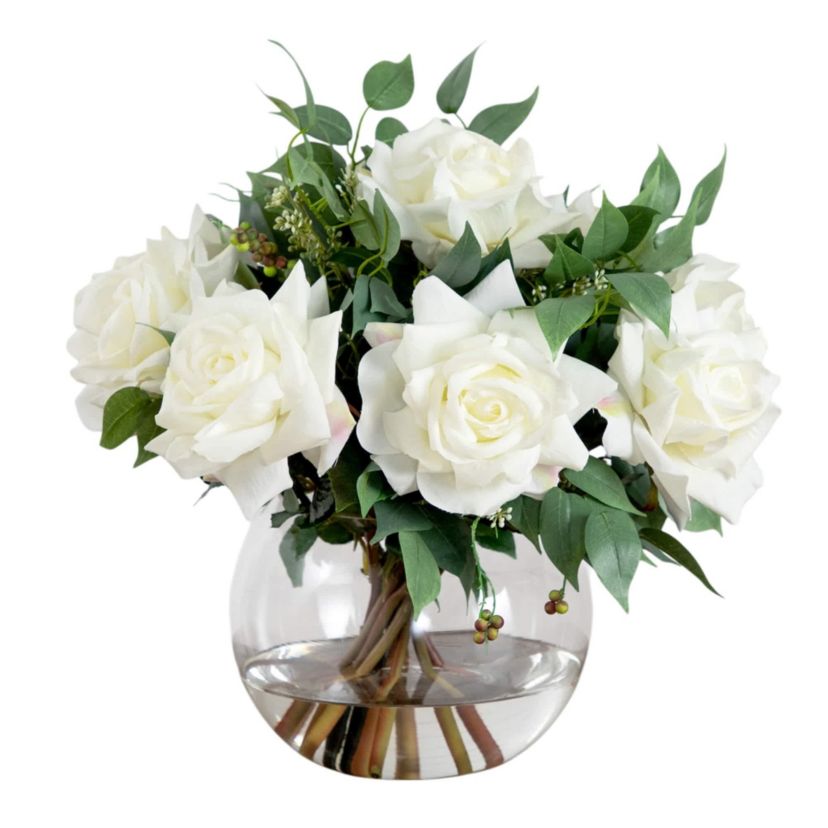 Wedding Collection 16-Inch Artificial Roses and Mixed Greens Arrangement in Glass Vase