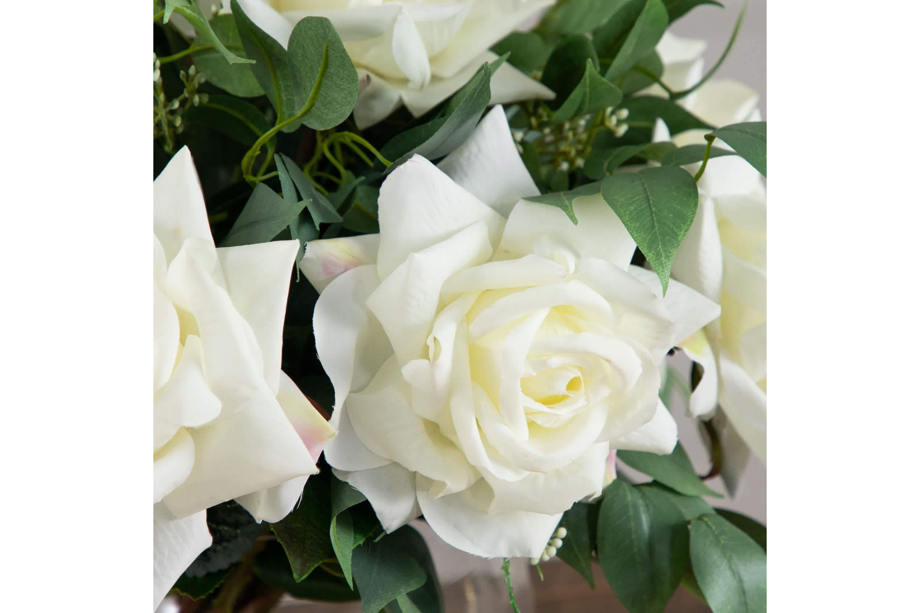 Wedding Collection 16-Inch Artificial Roses and Mixed Greens Arrangement in Glass Vase