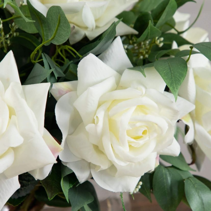 Wedding Collection 16-Inch Artificial Roses and Mixed Greens Arrangement in Glass Vase