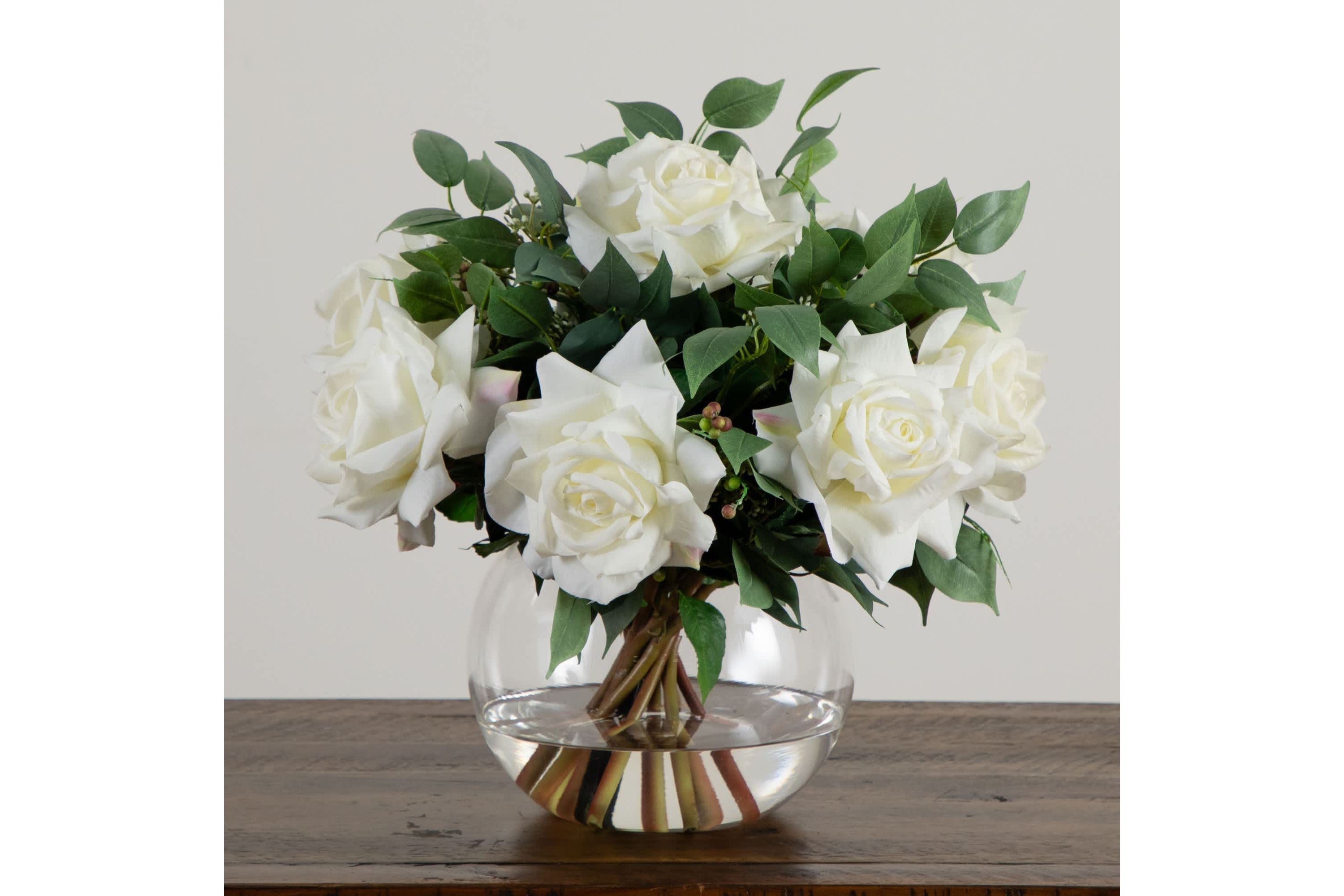 Wedding Collection 16-Inch Artificial Roses and Mixed Greens Arrangement in Glass Vase