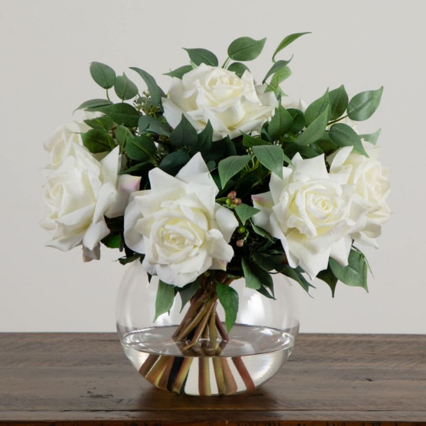 Wedding Collection 16-Inch Artificial Roses and Mixed Greens Arrangement in Glass Vase