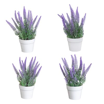 Nearly Natural 8-Inch Artificial Lavender Plant in White Pot - Set of 4, Purple