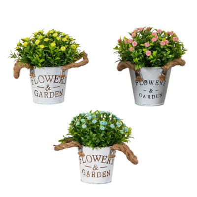 Nearly Natural 6-Inch Artificial Mixed Button Pom Plant in Rustic Flowers & Garden Planter - Set of 3