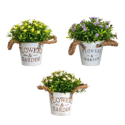 Nearly Natural 6-Inch Artificial Mixed Button Pom Plant in Rustic Flowers & Garden Planter - Set of 3