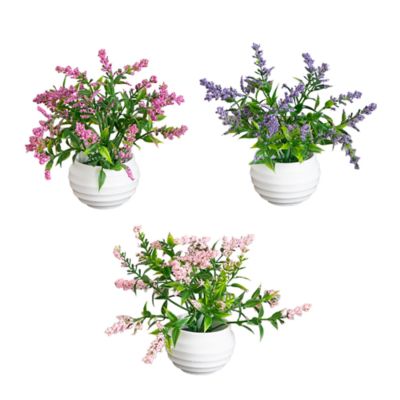 Nearly Natural 5-Inch Artificial Mini Lavender Plant in White Decorative Oval Planter - Set of 3