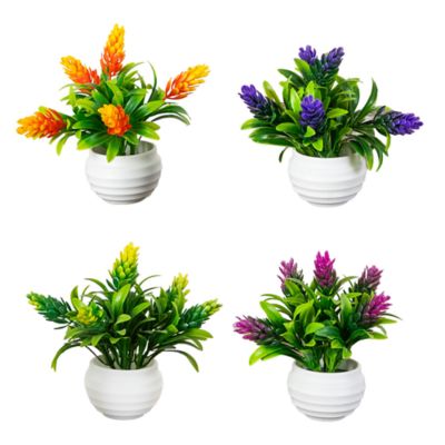 Nearly Natural 5-Inch Artificial Mini Flowering Plant in White Decorative Oval Planter - Set of 4