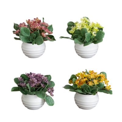 Nearly Natural 4-Inch Artificial Mini Hydrangea Plant in White Decorative Oval Planter - Set of 4