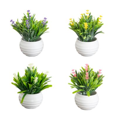 Nearly Natural 5-Inch Artificial Mini Flowering Lavender Arrangement in White Decorative Oval Planter - Set of 4