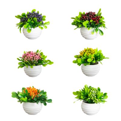 Nearly Natural 3.5-Inch Artificial Mini Flowering Arrangement in White Decorative Oval Planter - Set of 6