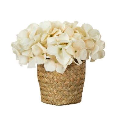 Nearly Natural 7-Inch Artificial Cream Hydrangea Arrangement in Woven Basket, Beige