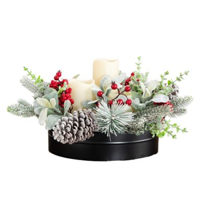 Nearly Natural 10-Inch Artificial Christmas Flocked Pine & Berry Candle Centerpiece with Pinecones