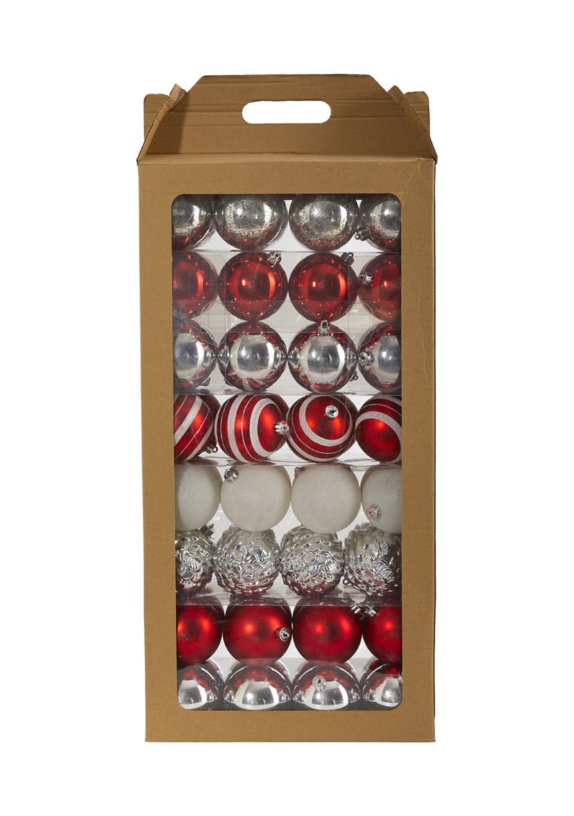 Holiday Shatterproof, 64 Count Christmas Tree Ornament Set with Reusable Box