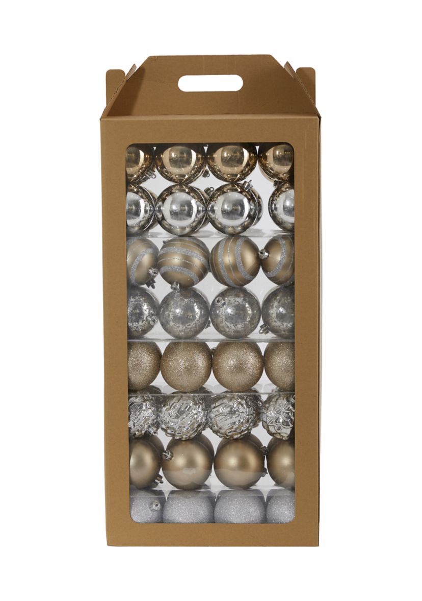 Holiday Shatterproof, 64 Count Christmas Tree Ornament Set with Reusable Box