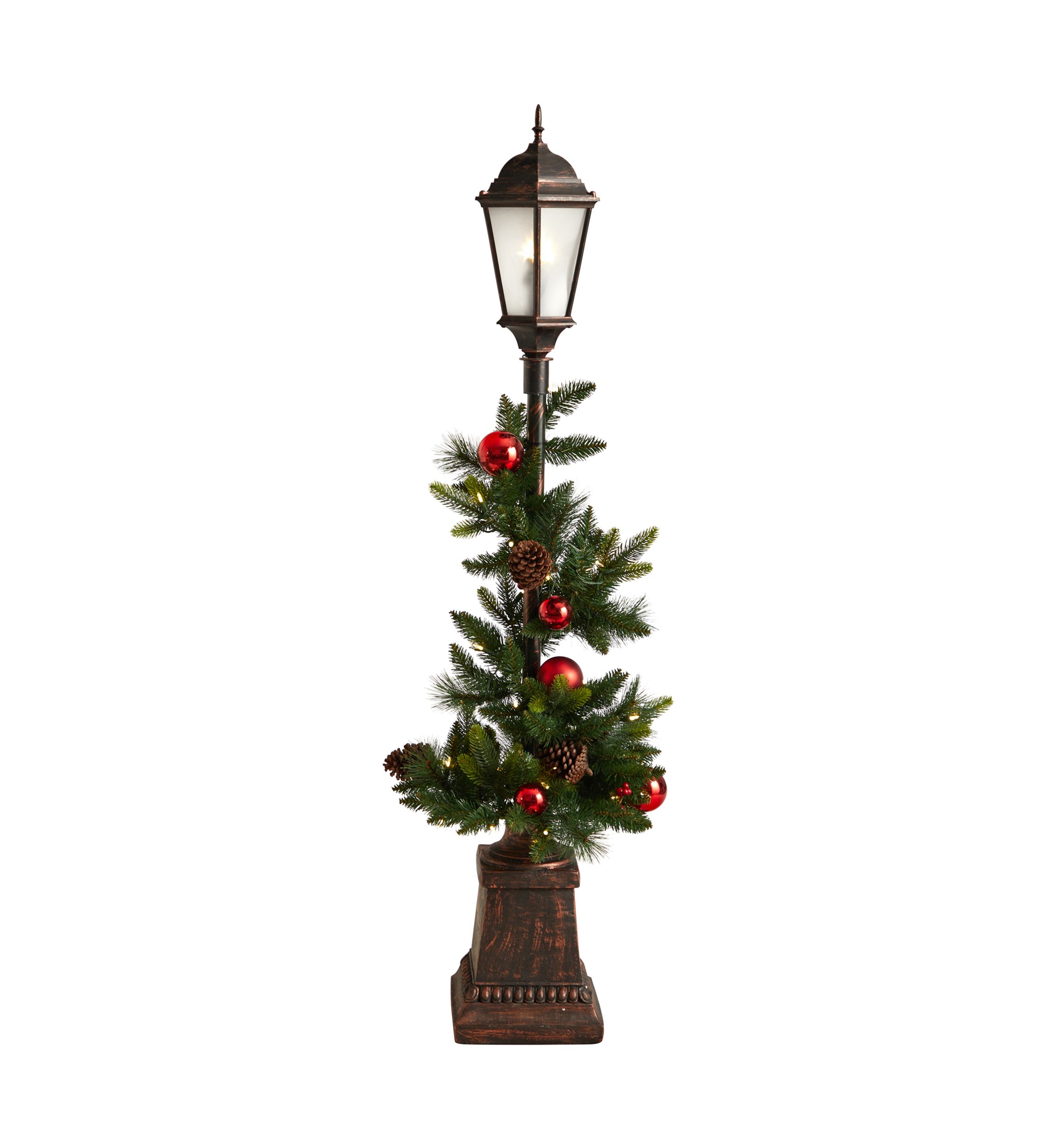 5 Foot Holiday Decorated Lamp Post with Artificial Christmas Greenery, Ornaments and 50 LED Lights, Indoor Outdoor Patio Porch Décor