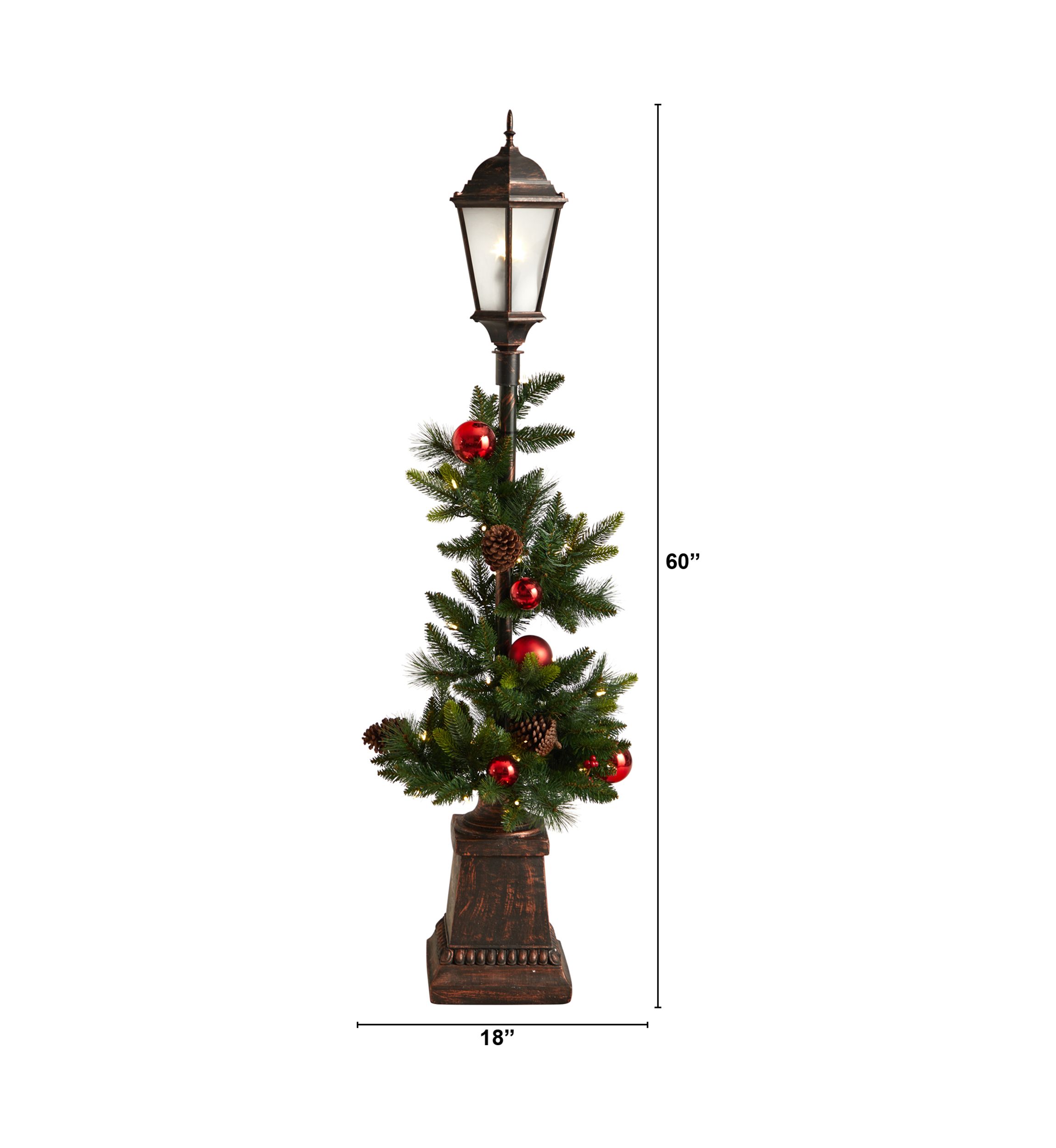 5 Foot Holiday Decorated Lamp Post with Artificial Christmas Greenery, Ornaments and 50 LED Lights, Indoor Outdoor Patio Porch Décor