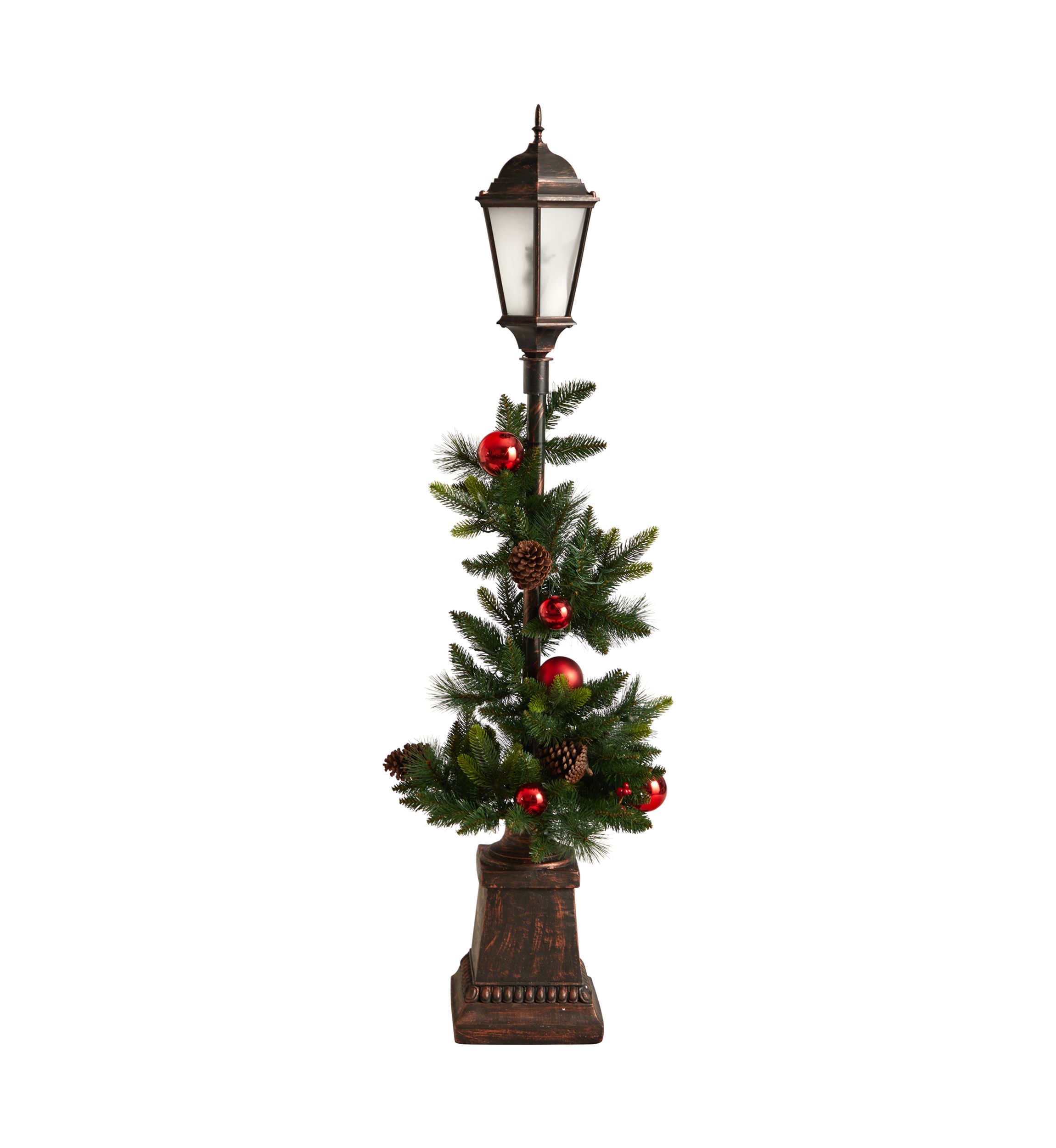 5 Foot Holiday Decorated Lamp Post with Artificial Christmas Greenery, Ornaments and 50 LED Lights, Indoor Outdoor Patio Porch Décor