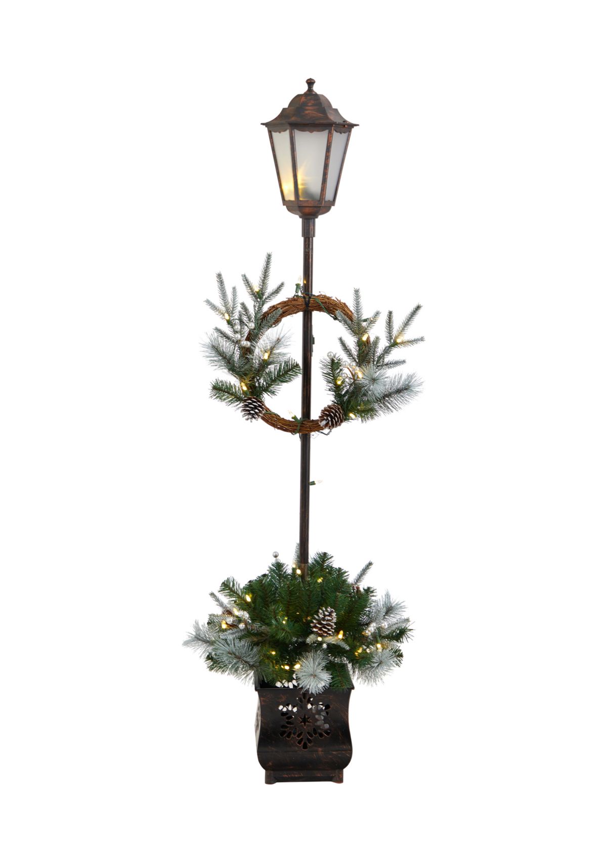 5 Holiday Pre Lit Decorated Lamp Post with Artificial Christmas Greenery and Decorative Container