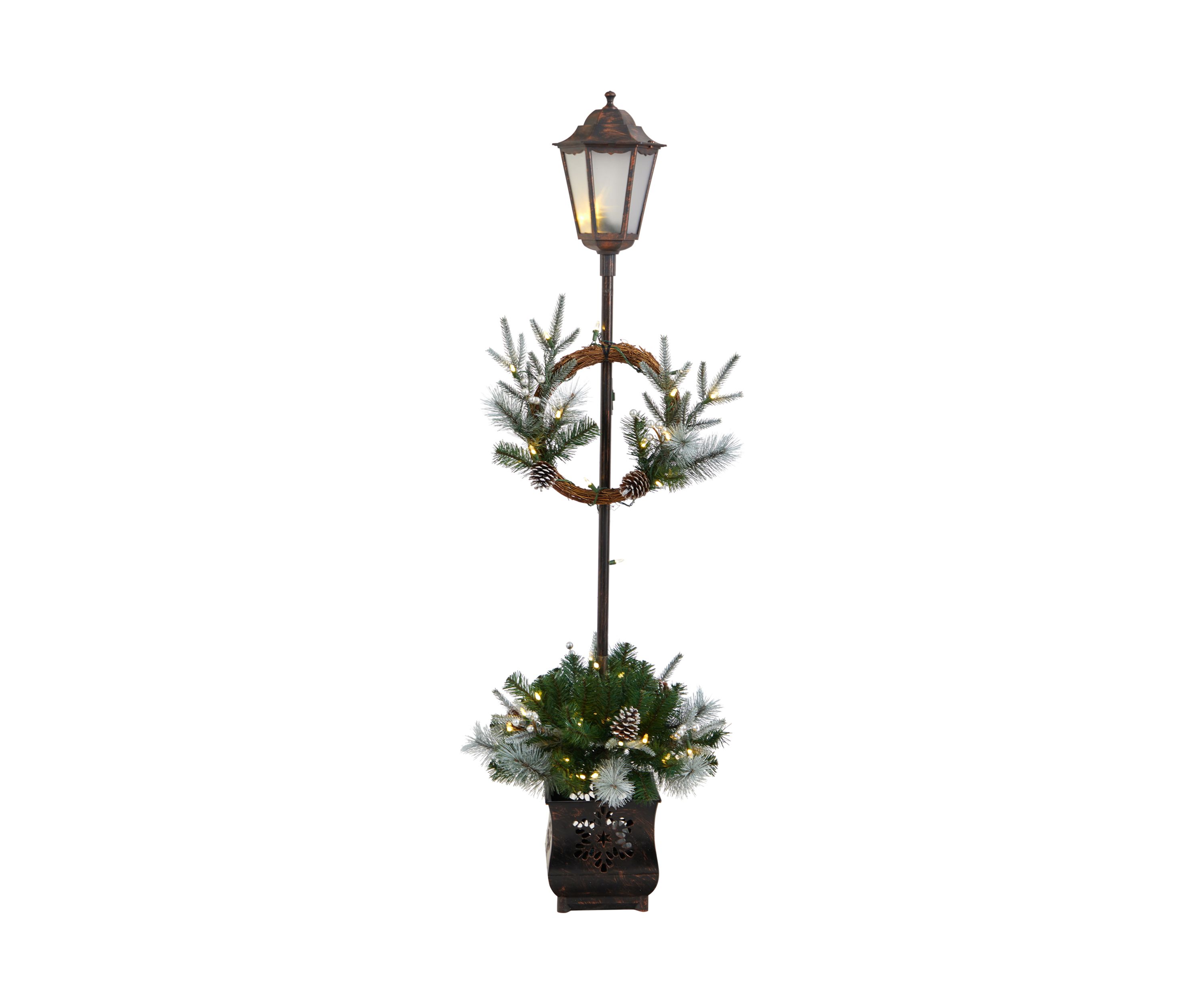 5 Holiday Pre Lit Decorated Lamp Post with Artificial Christmas Greenery and Decorative Container