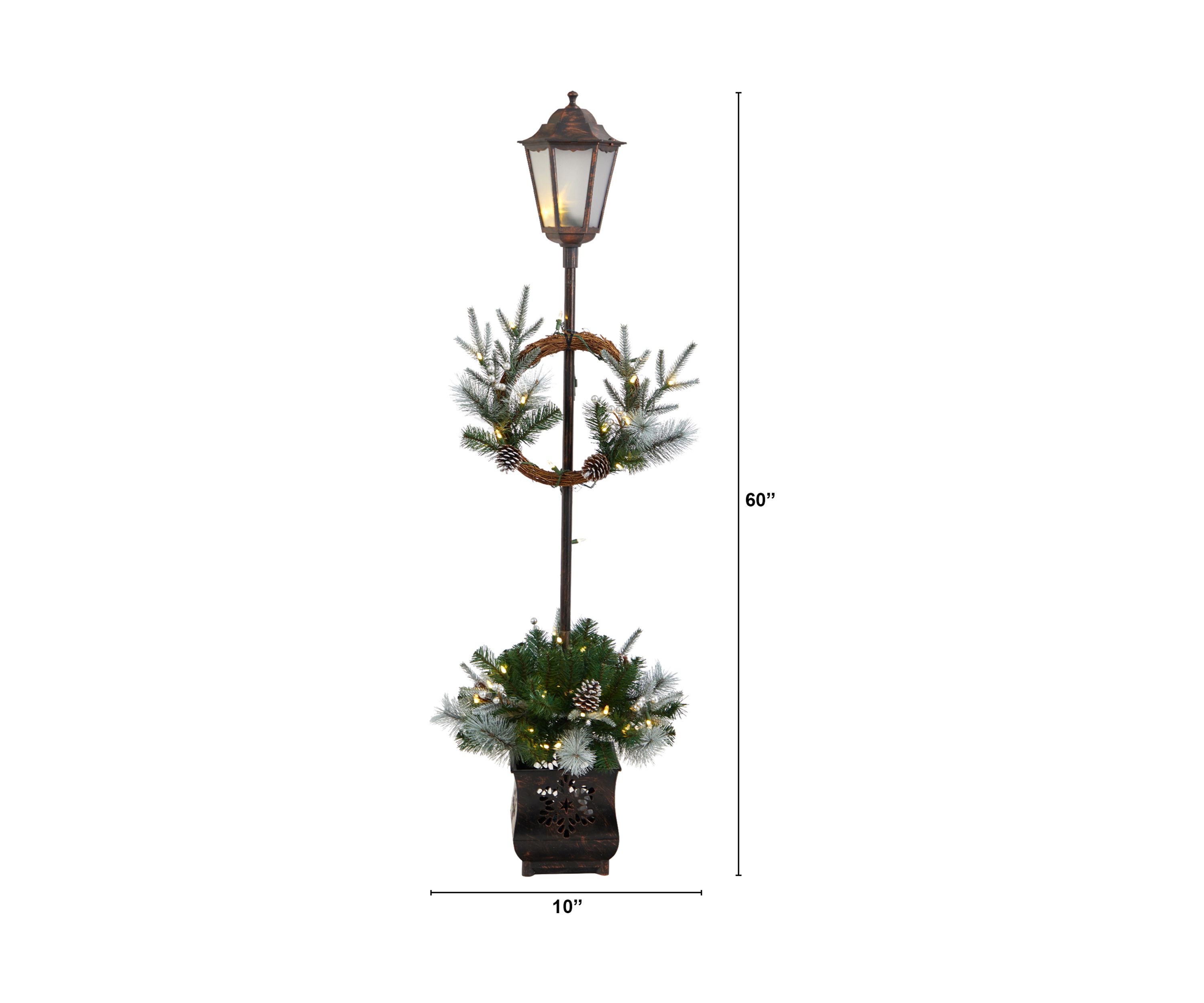 5 Holiday Pre Lit Decorated Lamp Post with Artificial Christmas Greenery and Decorative Container
