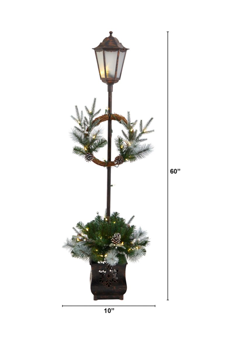 5 Holiday Pre Lit Decorated Lamp Post with Artificial Christmas Greenery and Decorative Container
