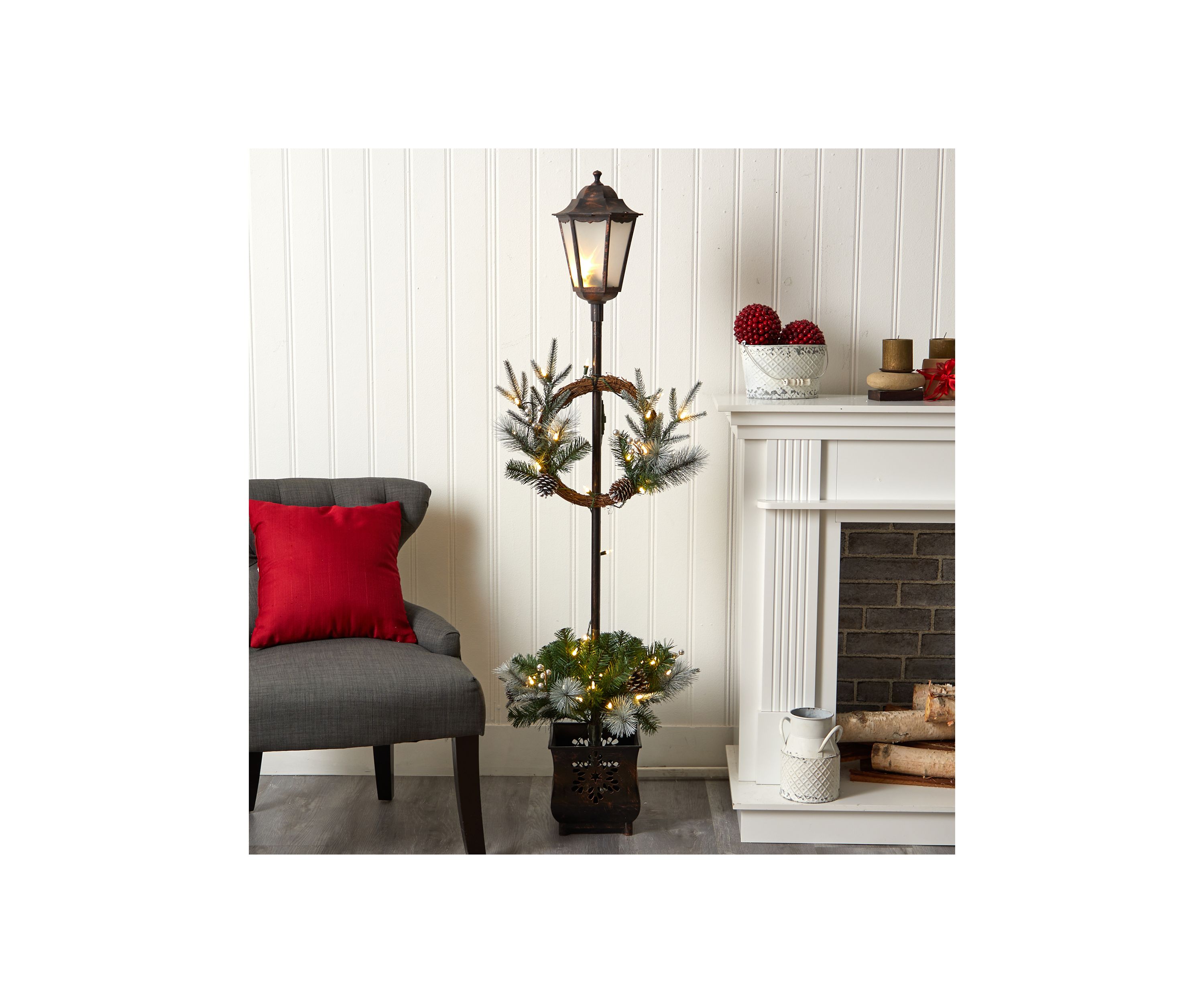 5 Holiday Pre Lit Decorated Lamp Post with Artificial Christmas Greenery and Decorative Container